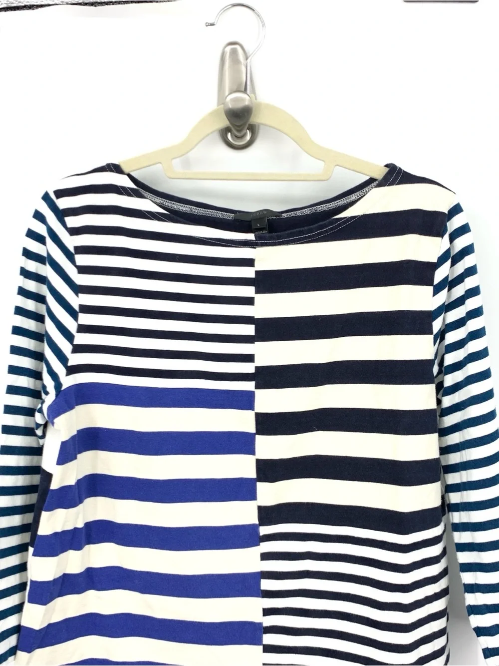 J Crew Women Size Large Shirt Blue White Striped Patchwork 3/4 Sleeve Top Cotton